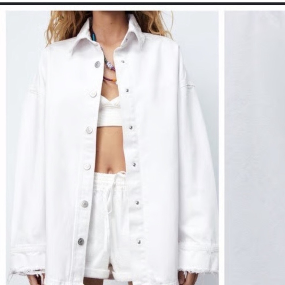 ZARA Oversized White Denim Long Coat Shacket